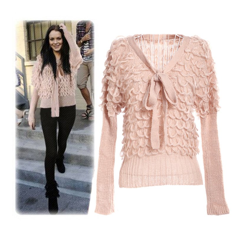 Women Retro Knitwear V Neck Ties Long Sleeves knitted Sweater Blouse Tops 3 Colors Apricot/Beige/Black,Free ShippingDropshipping