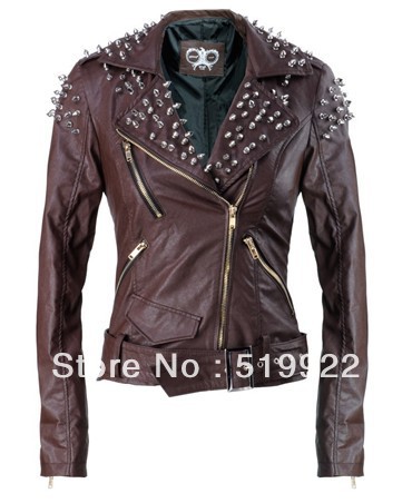 Women Rock Punk Rivets Motorcycle Jacket Blazer Coat BROWN COLOR