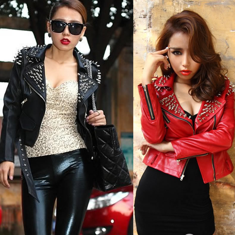 Women Rock Rivets Studded Blazer Coat PU Leather Motorcycle red jacket free ship