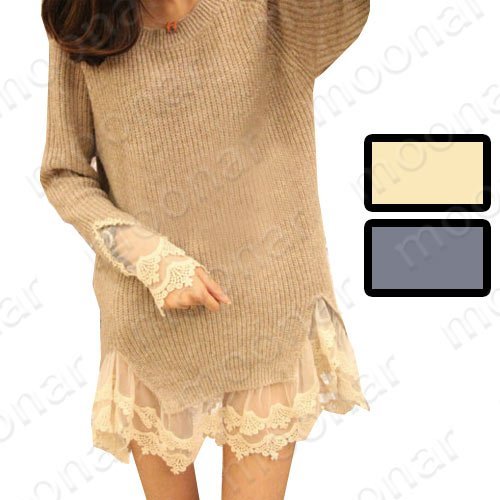 Women Round Neck Knit Sweater Tops Lace Hem Mini Keep Warm Dresses E0820