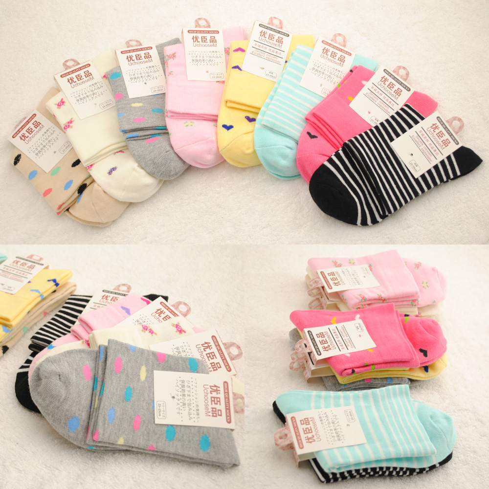 Women's 100% cotton knee-high sock fashion 100% cotton socks love cute dot stripe socks