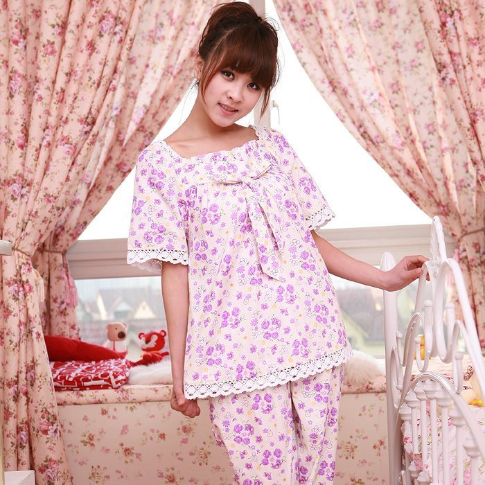 Women's 100% cotton spring and summer short sleeve length pants twinset sleepwear lounge lace fashion small 2988