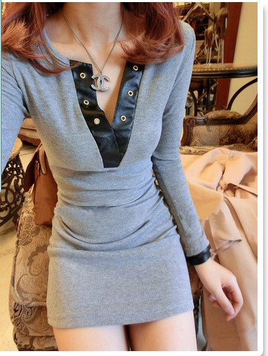 Women's 201 knitted cotton faux leather patchwork V-neck slim t-shirt basic shirt