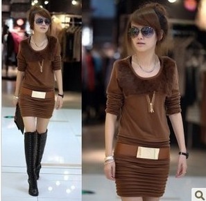 Women's 2012 autumn and winter solid color o-neck fur collar slim long-sleeve dress with belt female