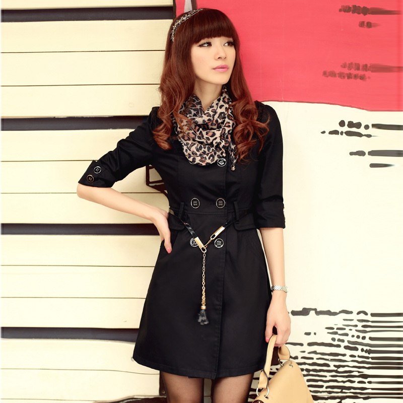 Women's 2012 autumn new arrival double breasted long design solid color slim trench work wear outerwear