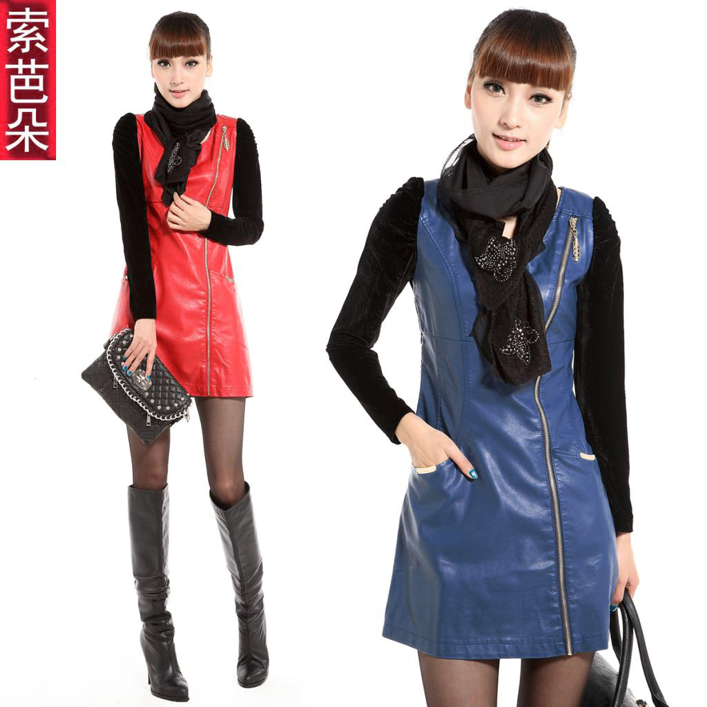 Women's 2012 autumn new arrival fashion leather clothing PU skirt long-sleeve autumn one-piece dress 8818
