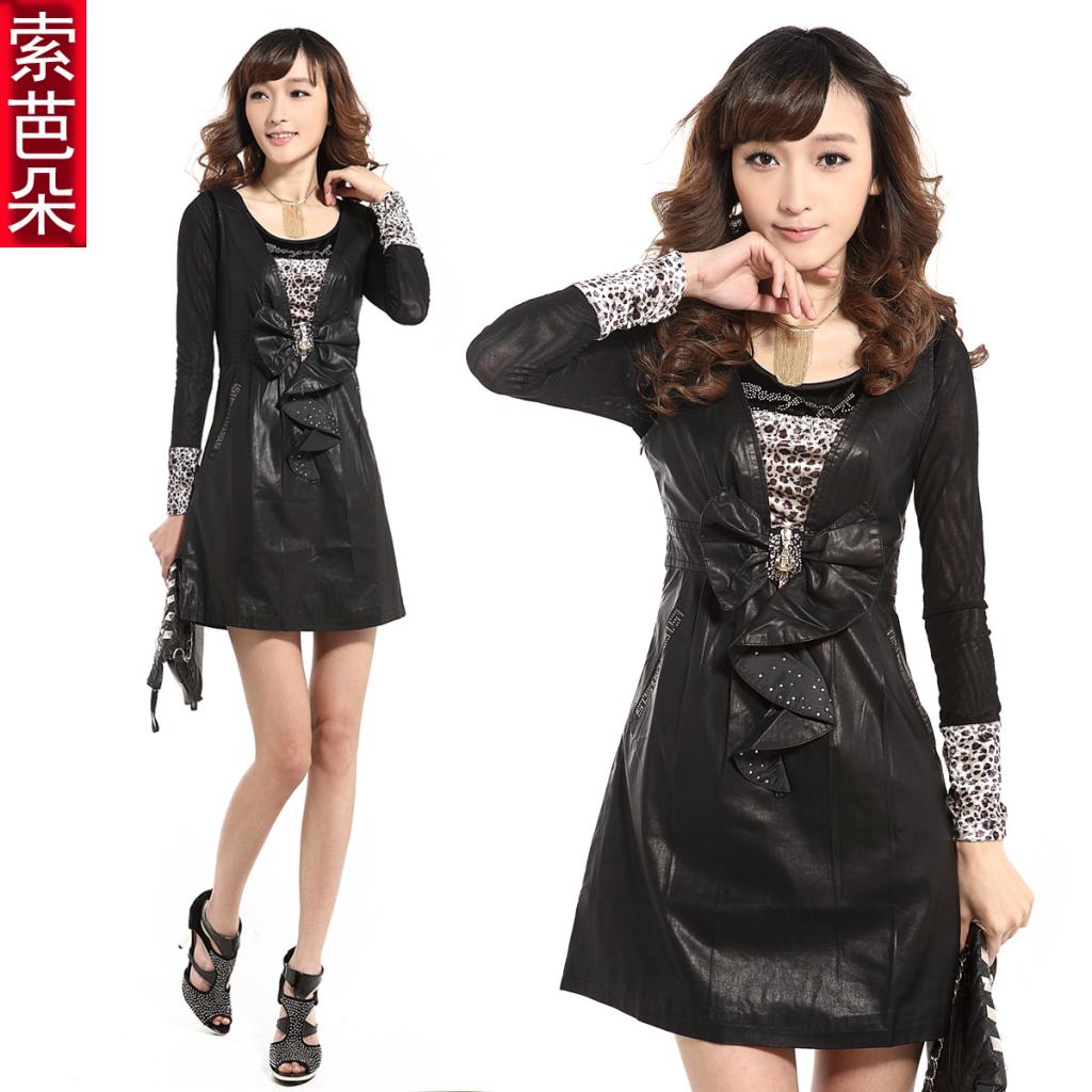 Women's 2012 autumn new arrival water washed leather skirt leather clothing PU long-sleeve autumn one-piece dress 8102