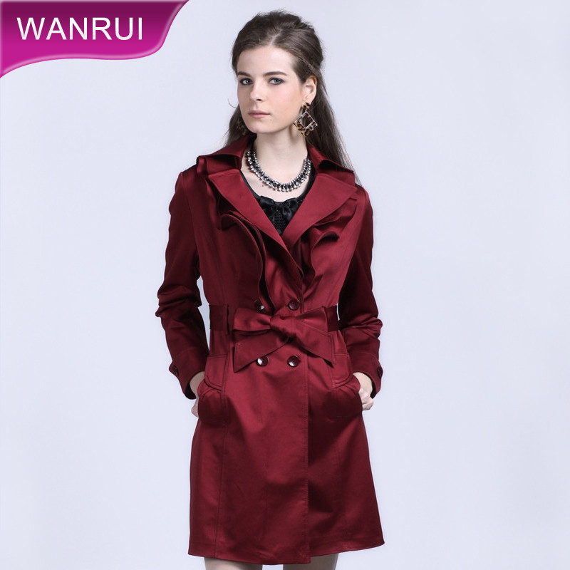 Women's 2012 autumn ruffle collar double breasted slim long design female trench outerwear red 303