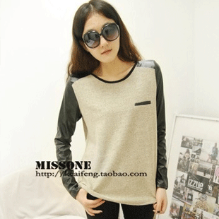 Women's 2012 new arrival autumn fashion long johns patchwork leather clothing long-sleeve T-shirt Women loose