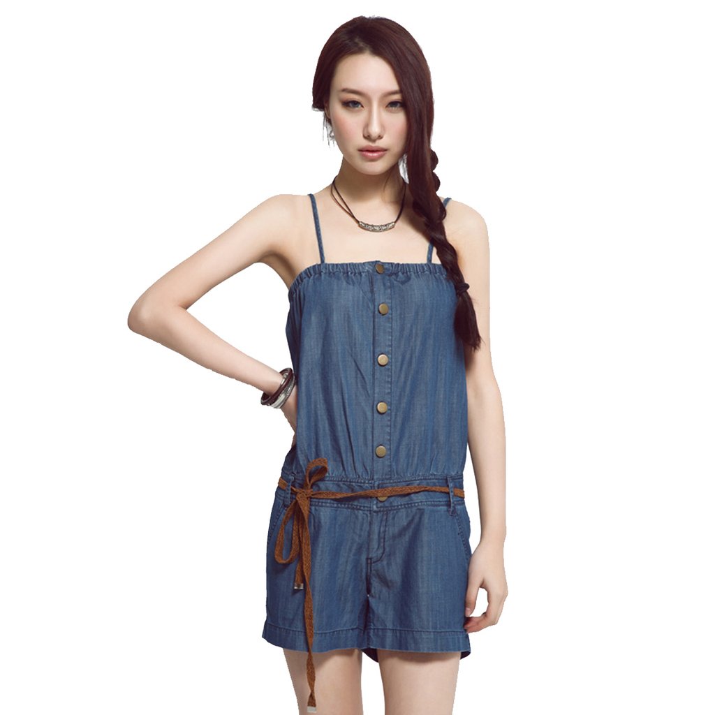 Women's 2012 new arrival summer thin tube top spaghetti strap gold vintage button denim jumpsuit shorts belt