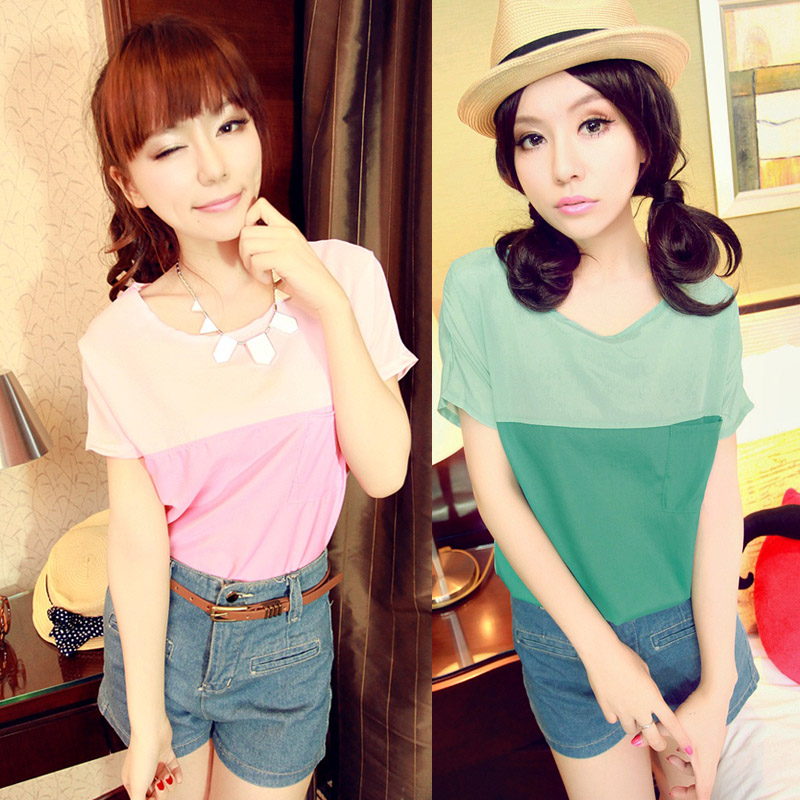 Women's 2012 summer fashion colorful color block millenum decoration pocket chiffon shirt t848 spring