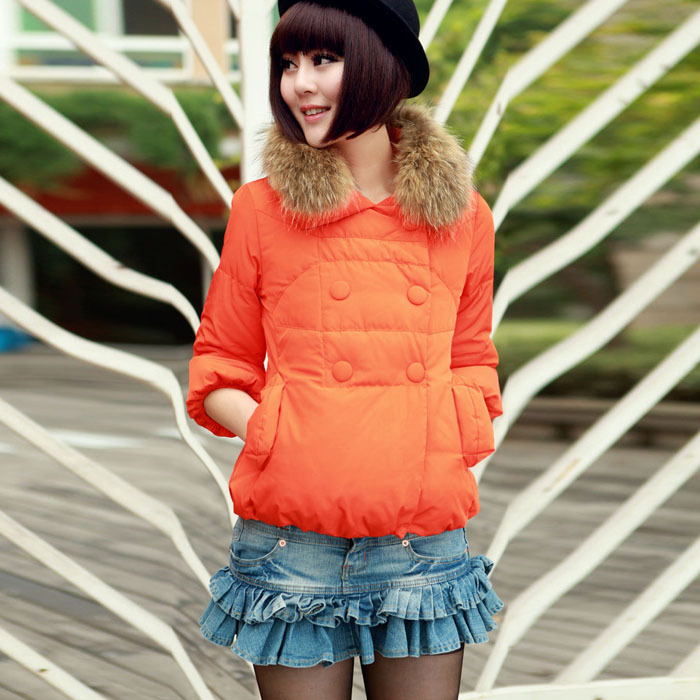 Women's 2012 winter fashion three quarter sleeve fur collar all-match short design slim down coat outerwear female