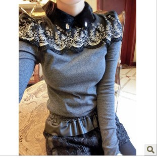 Women's 2012 winter peter pan collar lace patchwork puff sleeve sweater CM-W0079