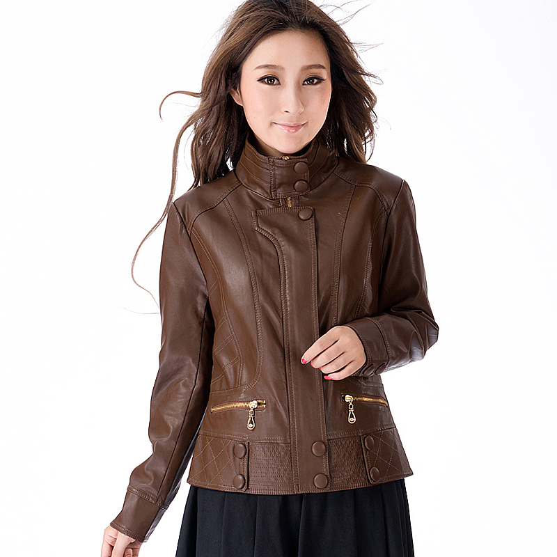 Women's 2012 women's genuine leather clothing female short design slim stand collar leather jacket outerwear free shipping