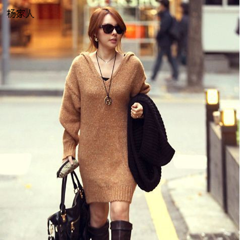 Women's 2013 autumn new arrival hooded long design solid color sweater outerwear slim hip knitted thermal sweater dress