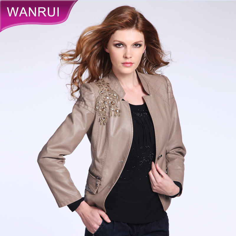 Women's 2013 spring and autumn fashion lace beaded stand collar slim women's leather clothing short jacket CM-W0042