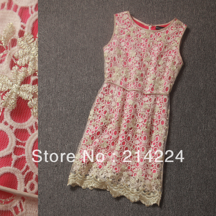 Women's 2013 spring and summer new arrival cutout print o-neck slim leather sleeveless one-piece dress