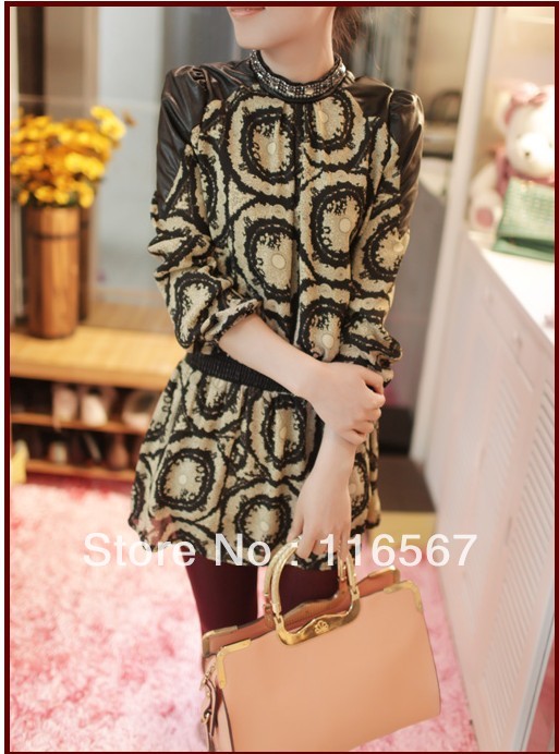 Women's 2013 spring collar diamond slim leather patchwork chiffon one-piece dress female 7820