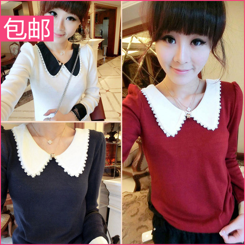 Women's 2013 spring paragraph crochet patchwork color block cuff peter pan collar knitted basic top