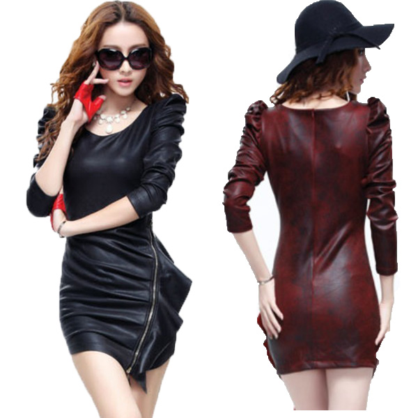 Women's 2013 spring slim ruffle serpentine pattern water washed leather personalized one-piece dress
