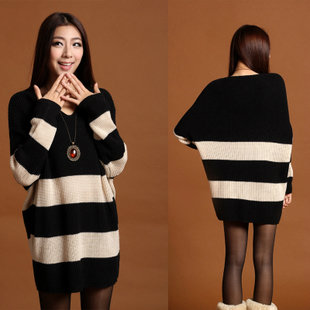 Women's 2013 spring stripe loose long design V-neck batwing sleeve long design basic sweater outerwear plus size