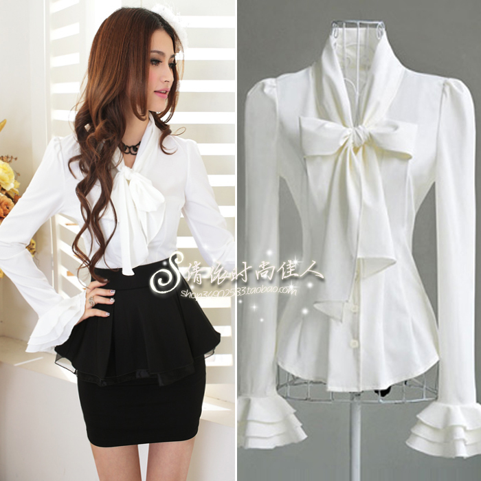 Women's 2013 summer professional shirt sweep slim lacing ruffle bow long-sleeve shirt