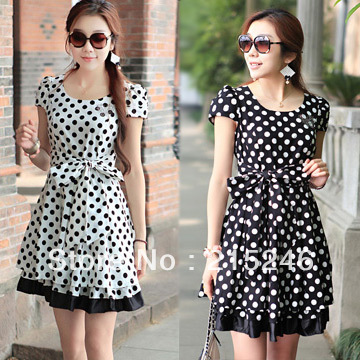 Women's aesthetic gentlewomen elegant polka dot one-piece dress belt