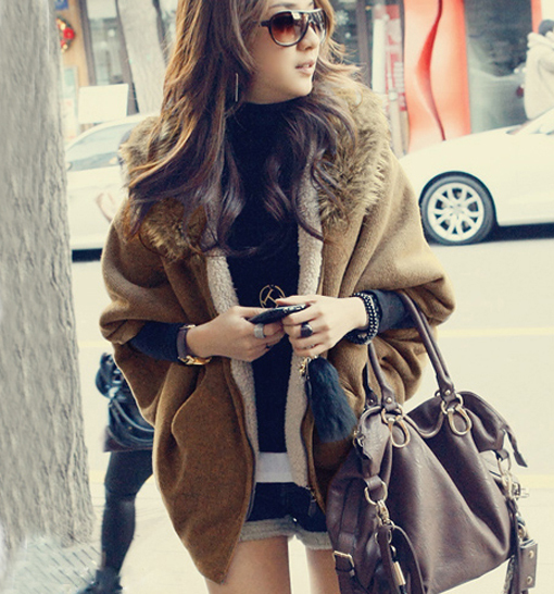 Women's all-match loose plus size fur inside collar fleece thermal batwing sleeve sweater outerwear