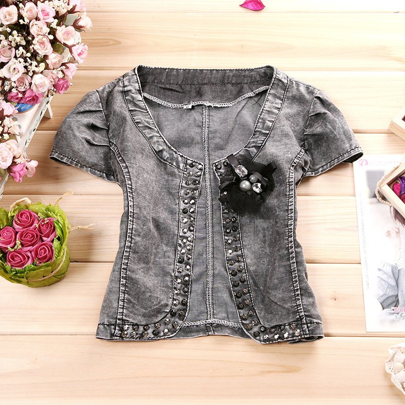 women's all-match thin short-sleeve puff sleeve short design denim outerwear short jacket small cape