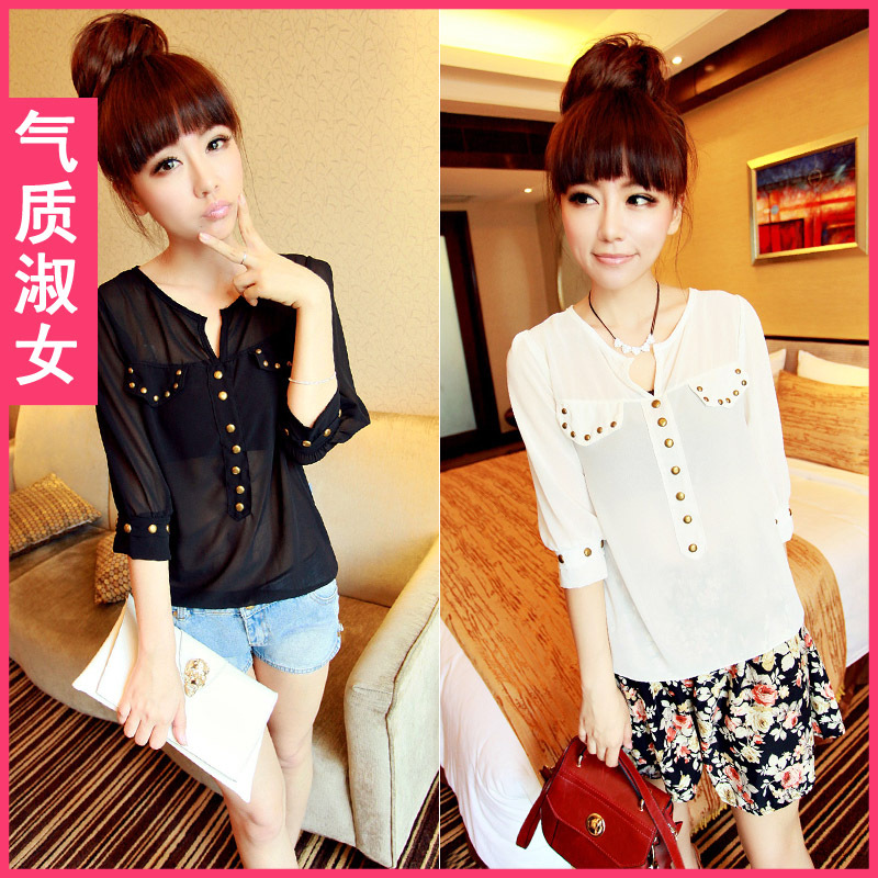 Women's autumn a300 fashion rivet V-neck half sleeve shirt loose chiffon shirt