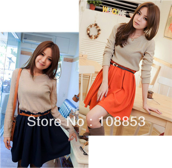 Women's Autumn And Spring Sweet Knitted Outfit Patchwork Waist Mini dress Free Shipping CMC-0105