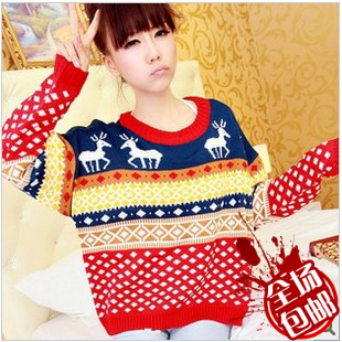 Women's autumn and winter bohemia dimond plaid long-sleeve thick sweater