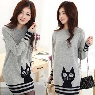 Women's autumn and winter cat print collcction mm slim o-neck sweater outerwear