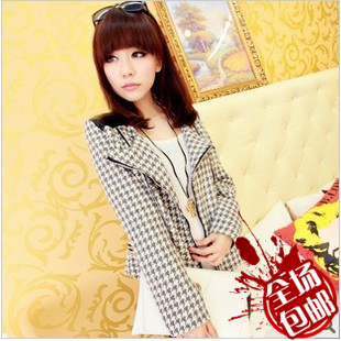 Women's autumn and winter fashion patchwork houndstooth slim zipper short jacket