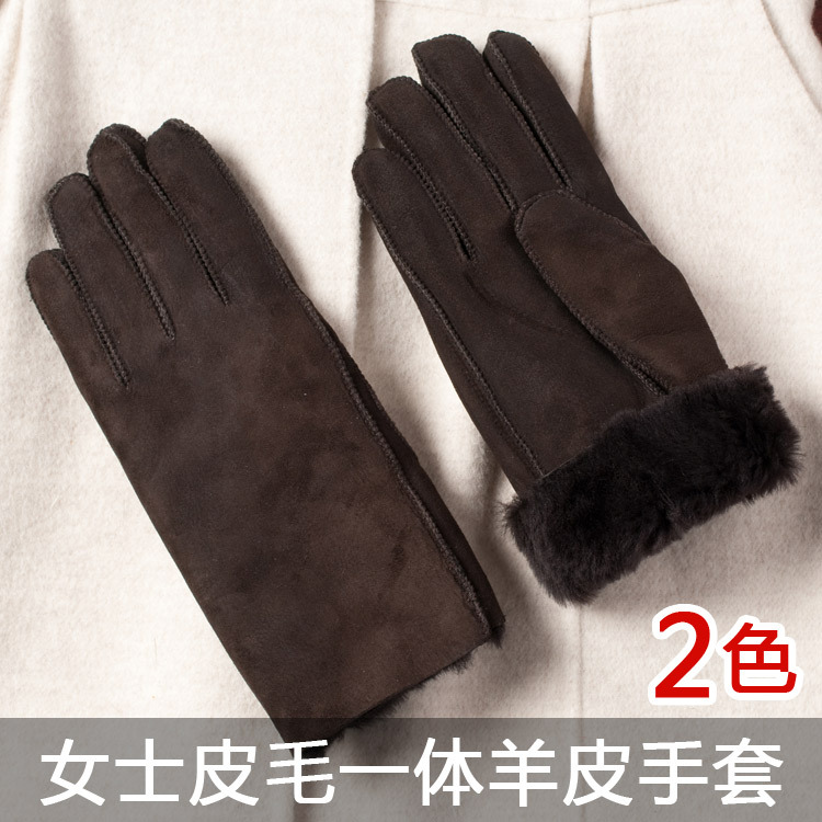 Women's autumn and winter fur one piece sheepskin gloves genuine leather real fur thermal genuine leather gloves black coffee