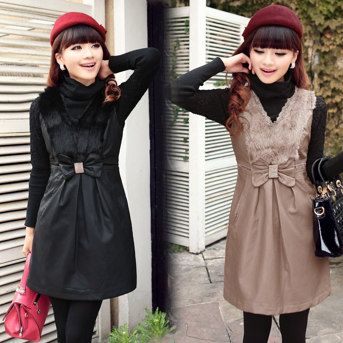 Women's autumn and winter PU skirt V-neck sleeveless one-piece dress rabbit fur patchwork water washed leather clothing