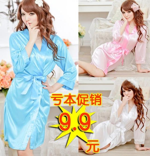 Women's autumn and winter sexy sleepwear faux silk viscose translucent bathrobes nightgown lace black set temptation