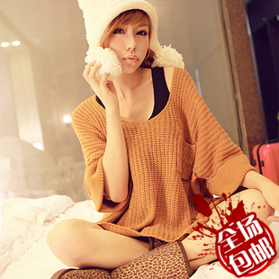 Women's autumn and winter vintage three quarter sleeve o-neck loose thick sweater