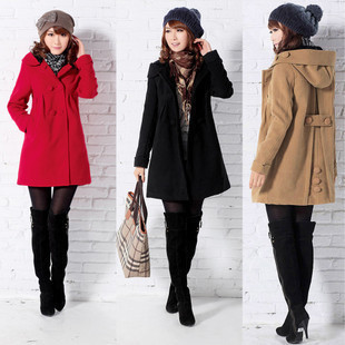women's autumn and winter with a hood single breasted woolen trench overcoat