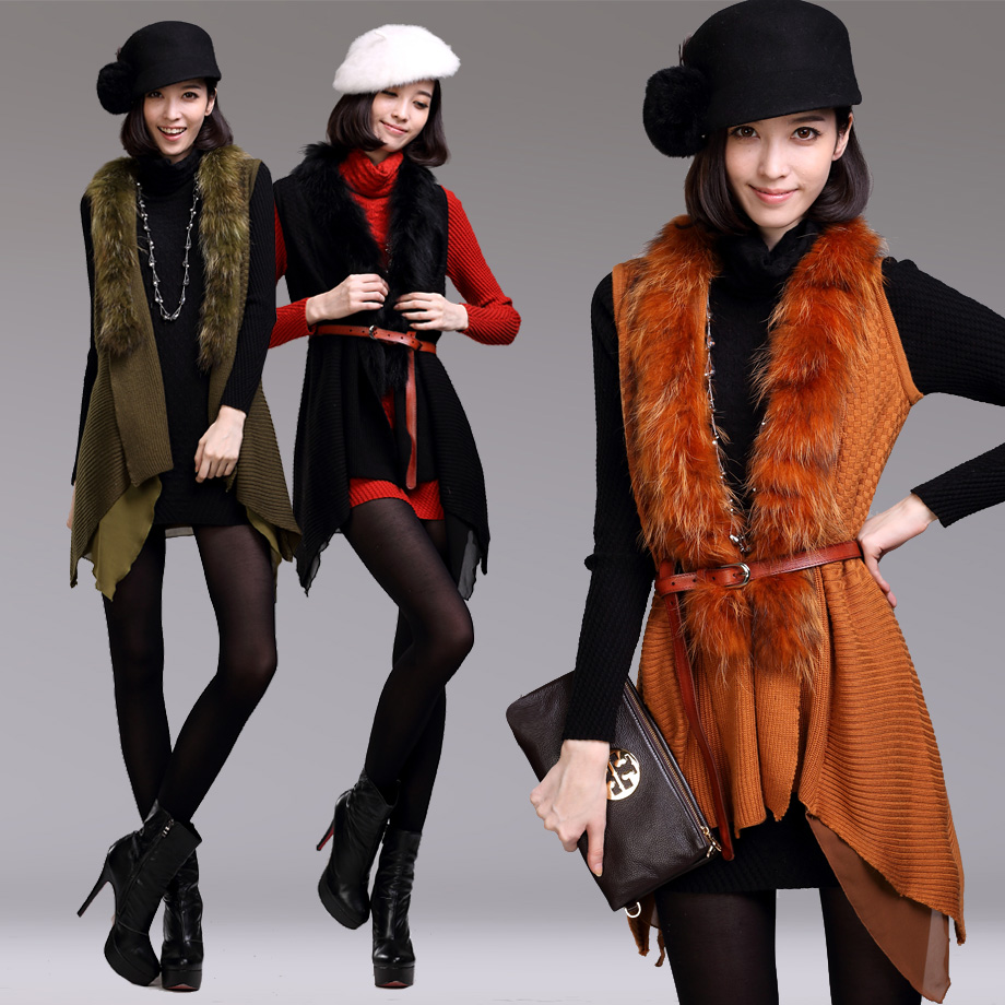 Women's   autumn chiffon skirt raccoon fur woven vest waistcoat   coat outerwear free shipping