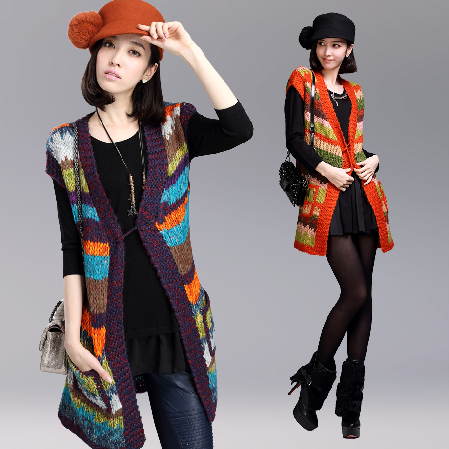 Women's   autumn multicolour stripe knitting vest waistcoat   coat outerwear free shipping