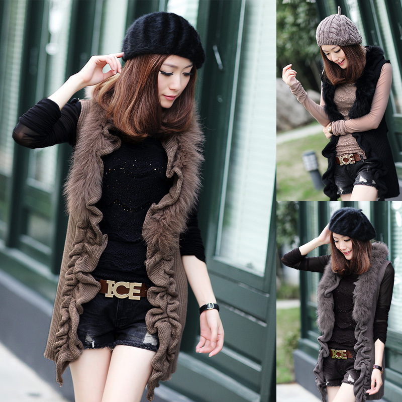 Women's autumn new arrival medium-long ruffle real fur bordered cardigan vest