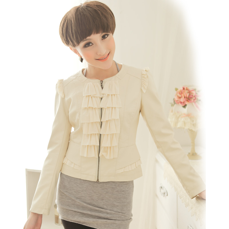 Women's autumn o-neck ruffle casual leather clothing outerwear PU short design leather clothing jacket