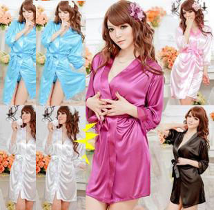 Women's autumn sexy sleepwear viscose translucent faux silk bathrobe nightgown lace chromophous set temptation