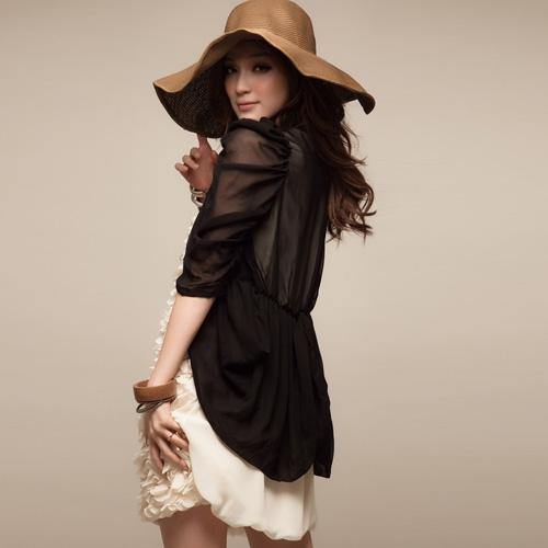Women's autumn V-neck slim patchwork black half sleeve fifth sleeve chiffon shirt top outerwear (WC074)
