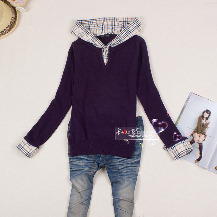 Women's autumn with a hood all-match plaid loose sweater outerwear 1017 Free shipping
