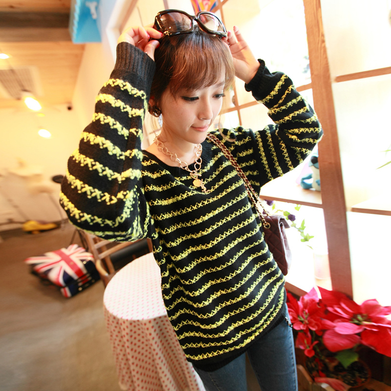 Women's basic pullover long-sleeve sweater fork stripe loose top h11215