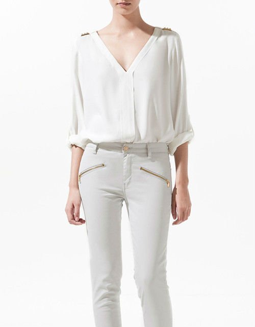 Women's Basic Roll-up Sleeve V-neck White Shirt Blouse Top With Rivet 0045#