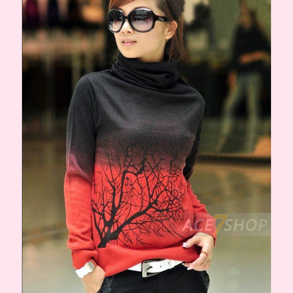 Women's basic shirt cashmere sweater turtleneck print sweater short design pullover female Watermelon Red Gradient clothing