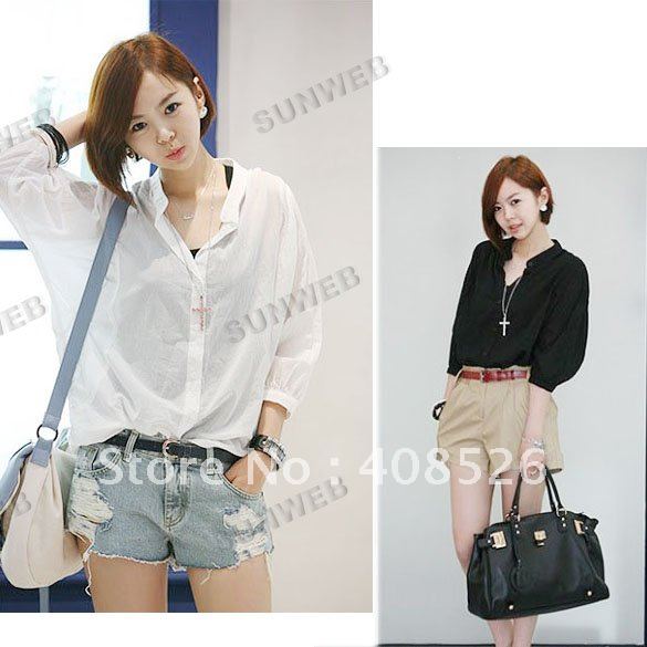 Women's Batwing 3/4 Sleeve Fashion shirt Summer Casual Tops Blouses Shirt White Black free shipping 5512